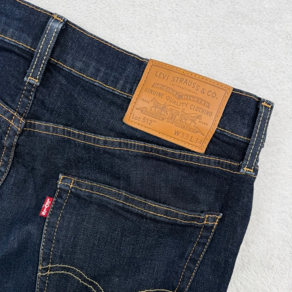 Levi's Premium 512 Slim Taper Jeans 33x34 Dark Wash Indigo Big E Stretch Denim